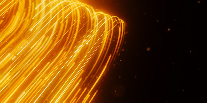Golden curved data trail turning in abstract cyberspace. 3D quantum light flow with magic glow.