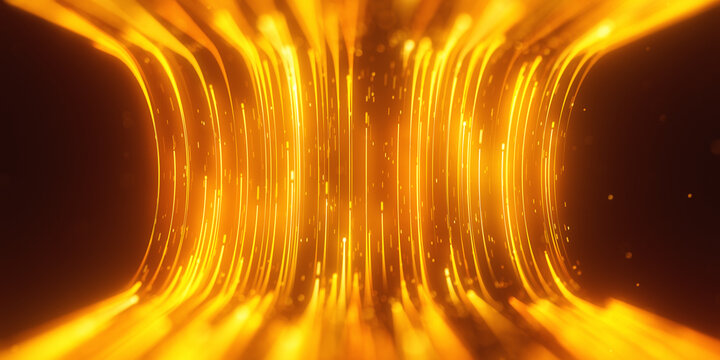 Golden curved data trail turning in abstract cyberspace. 3D quantum light flow with magic glow.