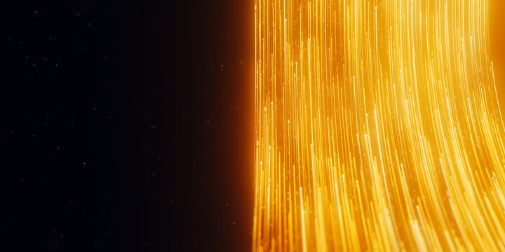 Golden circular light tunnel and black hole portal. 3D abstract quantum vortex with magic particles.