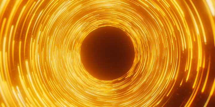 Golden circular light tunnel and black hole portal. 3D abstract quantum vortex with magic particles.