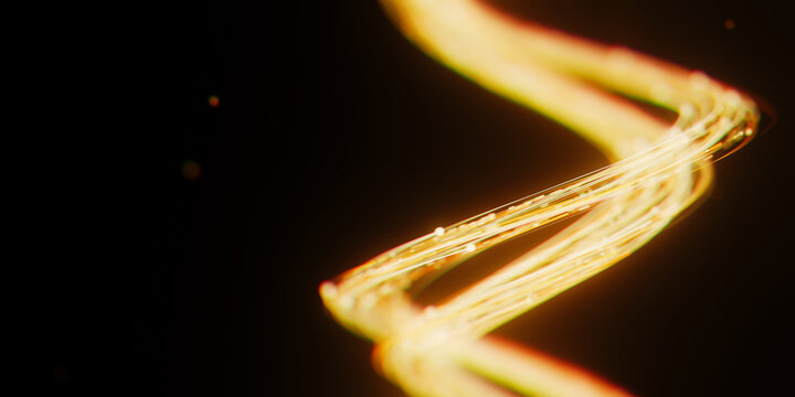 Golden DNA helix made of light trails. 3D abstract quantum science data flow with magic particles.