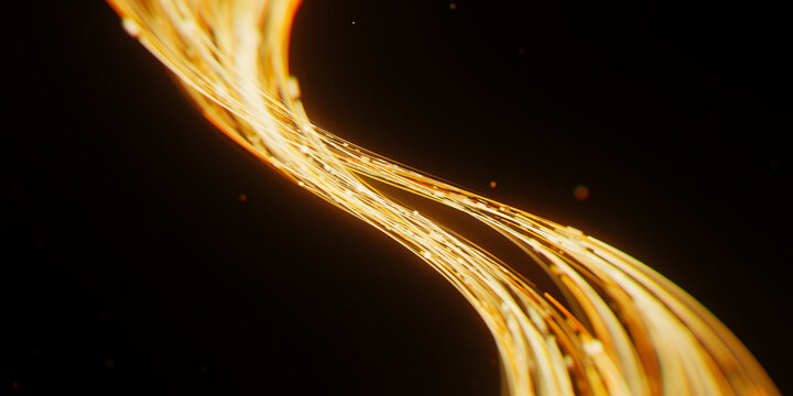 Golden DNA helix made of light trails. 3D abstract quantum science data flow with magic particles.