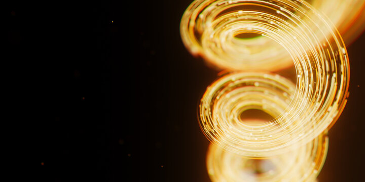 Golden DNA helix made of light trails. 3D abstract quantum science data flow with magic particles.