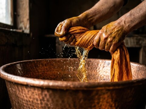 Laundry wringing by hand in a copper basin with wet orange fabric