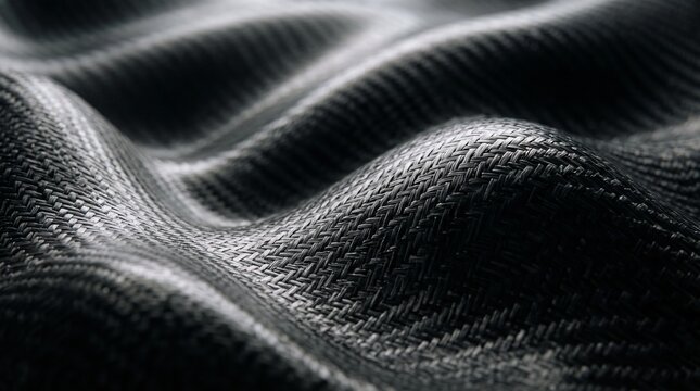 Macro close-up photograph of a dark carbon fiber weave featuring smooth flowing waves and soft cinematic highlights with shallow depth of field