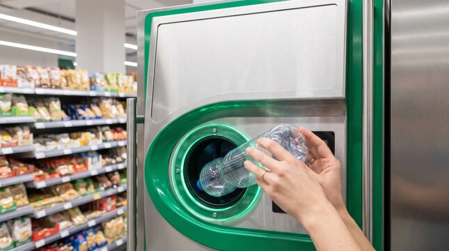Hands inserting plastic bottle into recycling machine in supermarket. Automated deposit return system for eco friendly plastic waste management