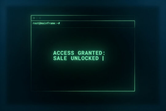Computer terminal window with green text reading access granted sale unlocked on a dark background, representing hacking or system access