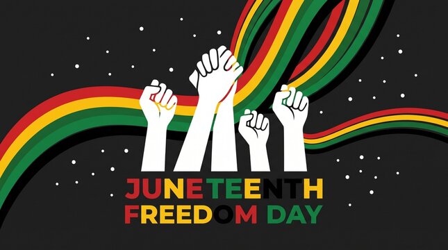 Fists raised celebrating juneteenth freedom day with rainbow