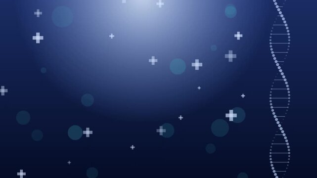 Glowing DNA strand helix rotating against abstract blue medical background with floating plus signs