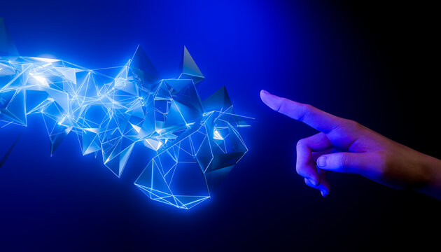 Human finger connecting with glowing blue polygon network in futuristic technology scene