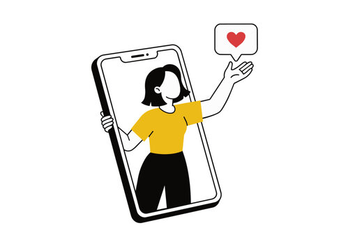 Female social media influencer emerging from smartphone and receiving a heart reaction