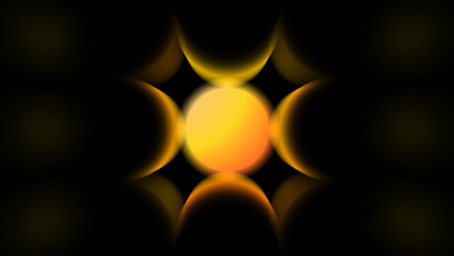 Radiant golden sun surrounded by dark crescent reflections in surreal abstract 3D art