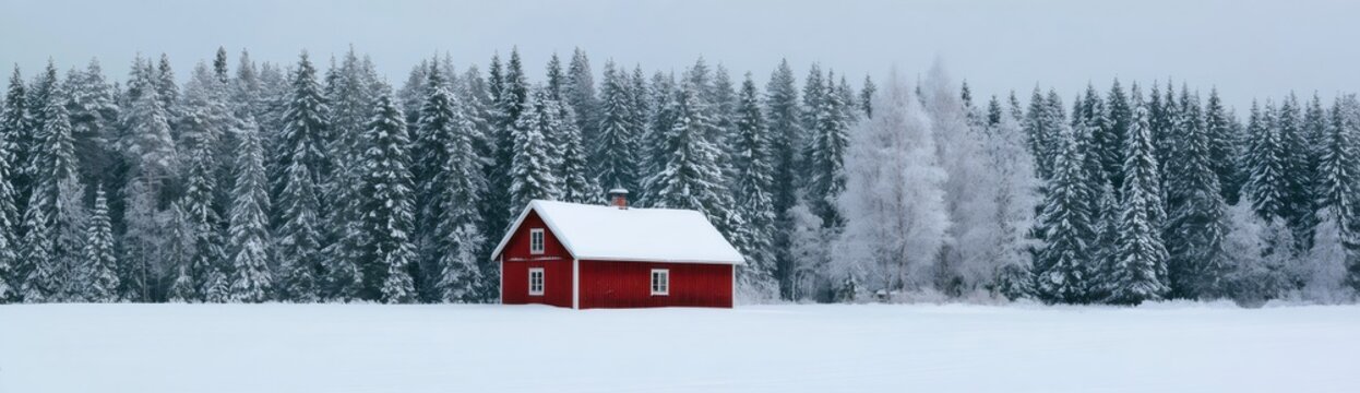 Red cabin standing in a snowy winter forest landscape