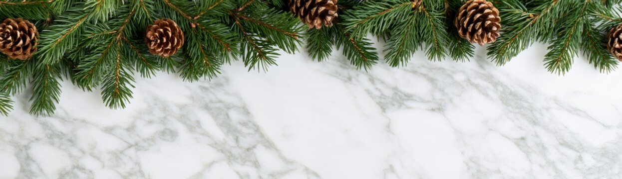 Christmas tree branches and pine cones on marble background
