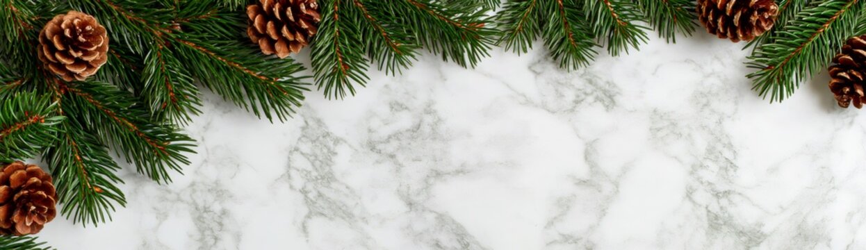 Christmas pine tree branches with cones on marble background