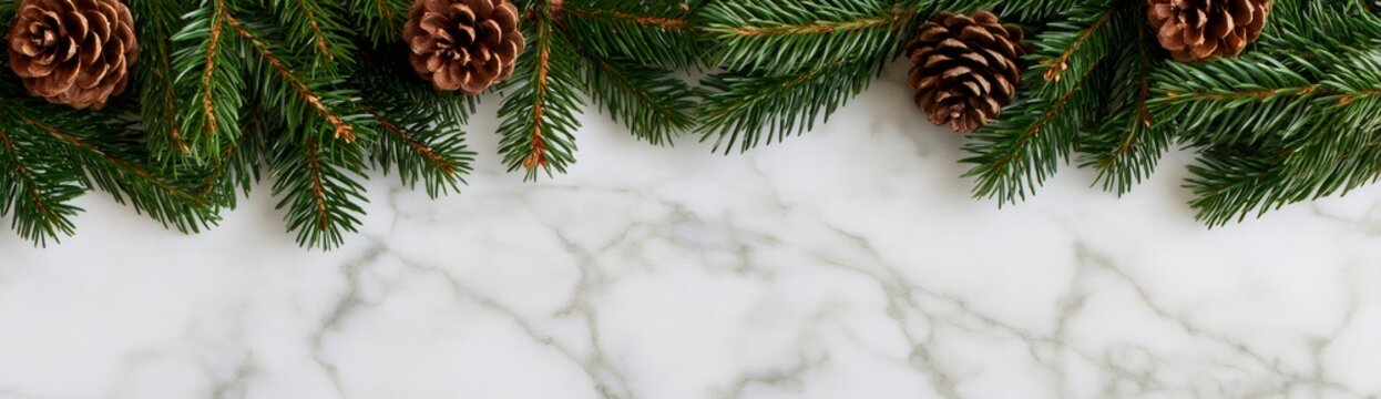 Evergreen branches with pine cones on marble background