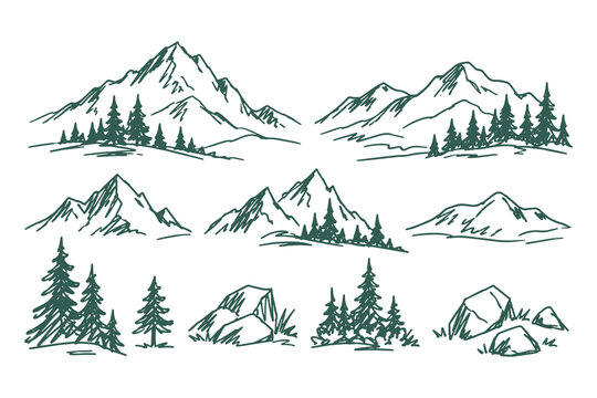 Mountain Landscapes and Pine Forest Hand Drawn Sketch Set