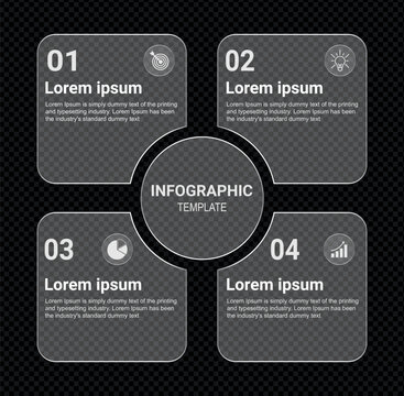 Modern Four Step Business Infographic Template with Central Circle, Numbered Sections, Corporate Workflow Diagram and Teal Blue Vector Design