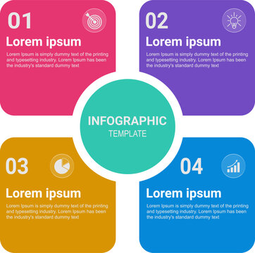 Colorful Four Step Business Infographic Template with Central Circle, Numbered Sections, Corporate Process Diagram and Modern Vector Design