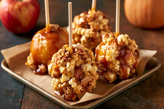 Caramel apples coated with popcorn standing on tray