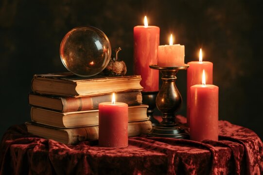 Crystal ball resting on vintage books surrounded by burning candles