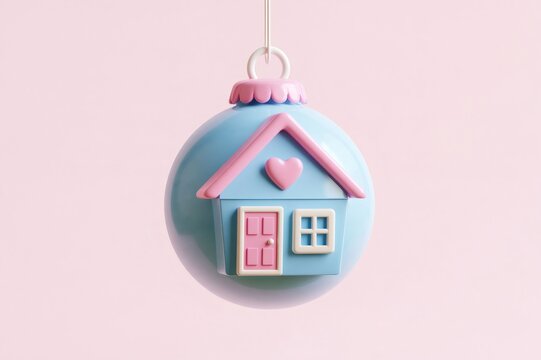 Christmas bauble with miniature house hanging over pink background