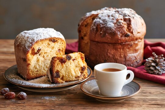Traditional panettone cake with powdered sugar and espresso on wooden table