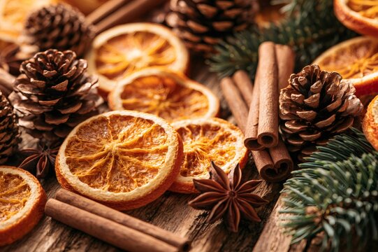 Dried orange slices lying on wooden table with cinnamon and pine cones