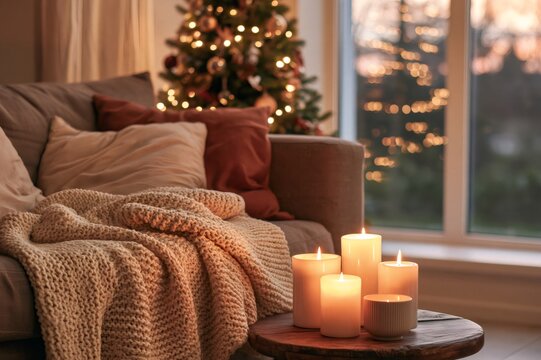 Burning candles on coffee table creating cozy Christmas atmosphere at home