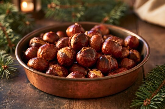 Roasted chestnuts filling a vintage copper bowl on wooden table