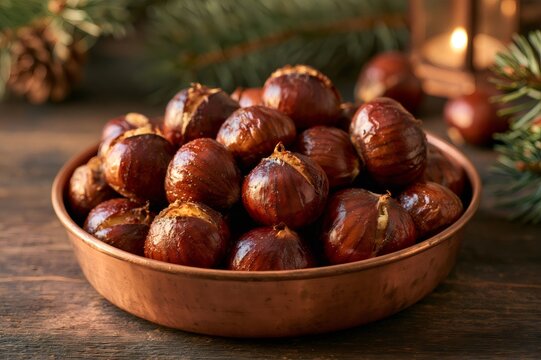 Roasted chestnuts filling a vintage copper bowl on rustic wood table