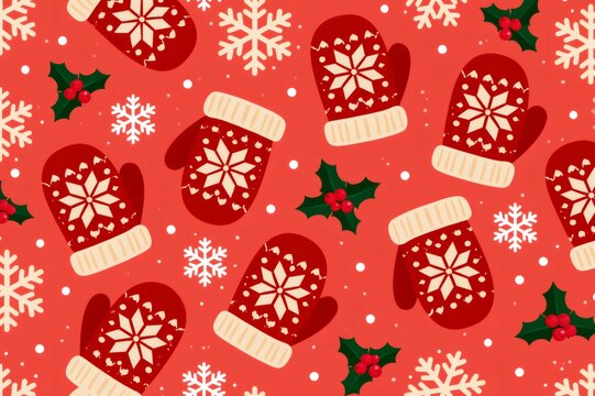 Christmas seamless pattern with red mittens, snowflakes and holly berries