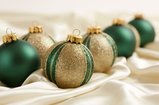Green and golden Christmas balls resting on white silk fabric