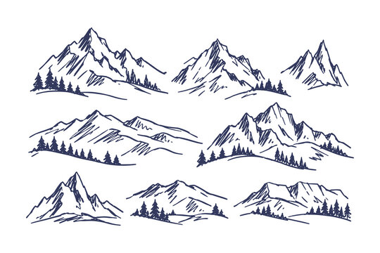 Mountain Landscapes with Pine Forests Hand Drawn Sketch Set