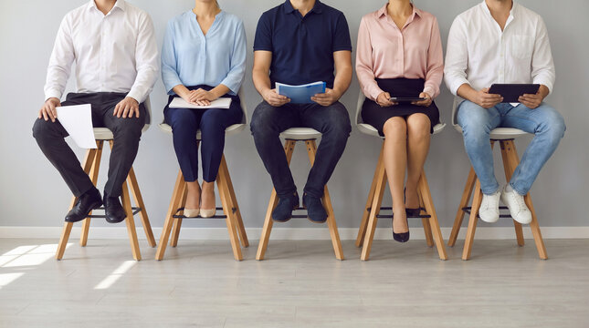 Row of Diverse Candidates Sitting on High Stools Waiting for Job Interview, Corporate Applicants Holding Resume Paper and Digital Tablets in Office Corridor Hallway Recruitment