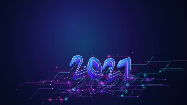 Futuristic blue digital 2027 year design with glowing lines and circuits on dark background Motion V