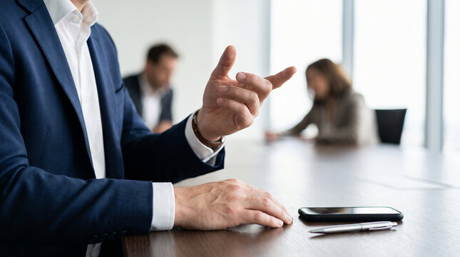 Close Up of Businessman Hand Gesticulating During Explanation at Office Conference Table, Corporate Executive Speaking and Pointing in Boardroom Meeting, Professional Concept