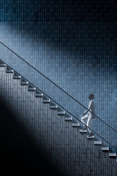 Solitary business professional climbing architectural staircase symbolizing ambition and personal career growth in 3D illustration