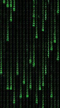 Glowing green digital code scrolls vertically through a dark abstract background. Technology presentations, cybersecurity advertising, and software marketing.