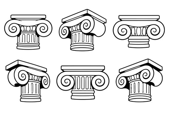 Ionic column capitals with spiral volutes in black line art