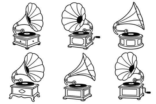 Vintage gramophone line art collection with flared horns