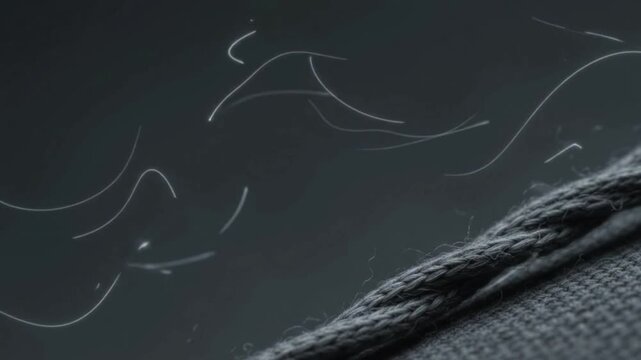Static ultra macro close-up of dark gray wool fabric thread with subtle microscopic moisture vapor breathing refraction, clean charcoal copy space seamless loop