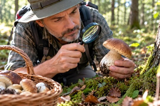 Forager examining a porcini mushroom with a magnifying glass in the forest