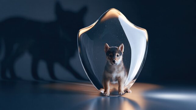 Small puppy inside a transparent glass protective shield