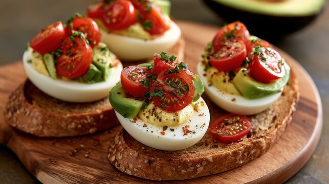 Deviled eggs topped with avocado and cherry tomatoes on seeded toast for menu design and food blog header or recipe background