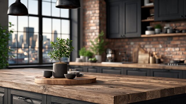 Rustic industrial kitchen wooden island top with city view through large windows for interior design banner and background