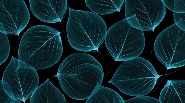Seamless luminous veined leaf pattern in cyan on black for neon botanical wallpaper and background design with glowing translucent foliage