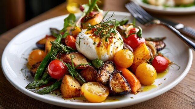 Burrata with roasted eggplant asparagus and cherry tomatoes on plate for gourmet menu background and seasonal dish design