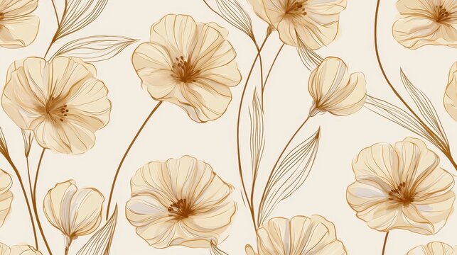 Delicate golden line floral illustration with translucent petals on cream background for wallpaper and fabric design
