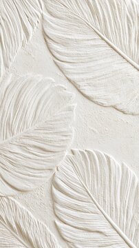 Soft white embossed feather and leaf relief texture background with large sculpted botanical motifs for elegant wallpaper design